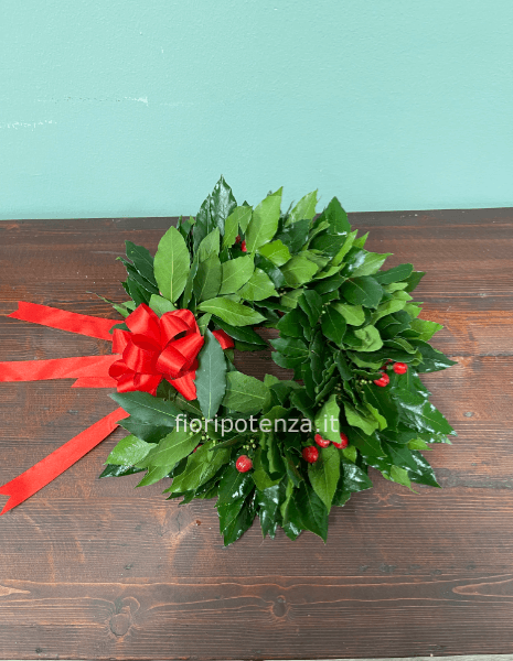 CORONCINA DI ALLORO PER LAUREA CON HYPERICUM ROSSO (bacche rosse) E FIOCCO ROSSO O DI ALTRO COLORE